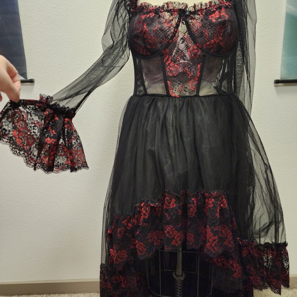 Widow Dolls Kill Black Hi Low Dress with Red Floral Lace Overlay Size 1x